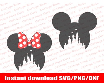 Mickey and Minnie Mouse castle SVG, set di due teste di mouse SVG, Download istantaneo per Cricut e Silhouette, file di taglio digitale, Dxf, Png, Svg
