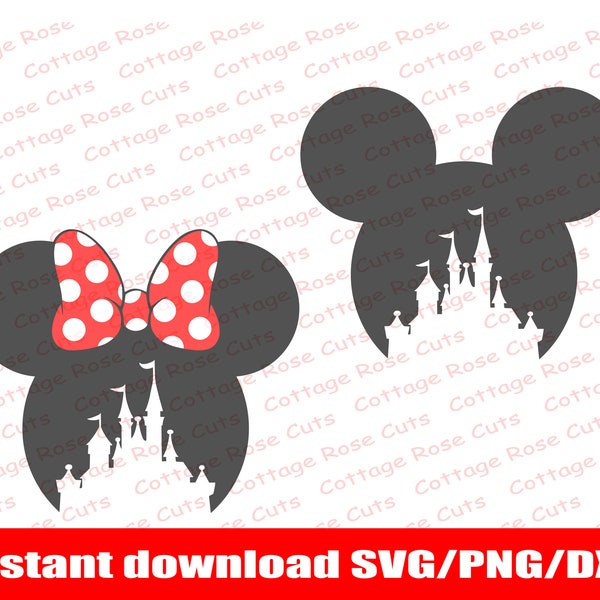 Mickey and Minnie Mouse castle SVG, set of two mouse head SVG, Instant download for Cricut and Silhouette, digital cut file, Dxf, Png, Svg