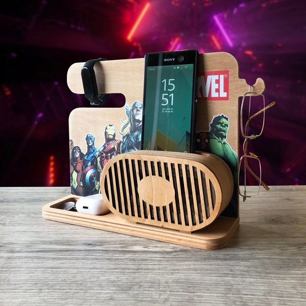 Christmas Cyber Gift Marvel Organizer Speaker Passive Amplifier for Cellphones, Personalized Wood Passive Speaker For Her Him Office Desk