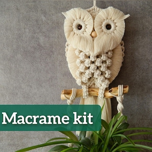 Könnte beinhalten: Ein Makramee-Kit für eine Wanddekoration in Form einer Eule. Die Eule ist aus weißem Garn gefertigt und hat braune Augen. Die Eule hängt an einem Holzast. Der Text "Macrame kit" ist in grünen Buchstaben auf weißem Hintergrund.
