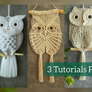 Macrame wall hanging pattern, Set of 3 easy Owl tutorials, DIY cute beginner tutorial, Small tapestry, Macrame weaving, Front porch decor