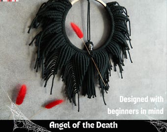 DIY Macrame Wreath Craft Kit, Do it yourself Black Angel of Death, Halloween Decor