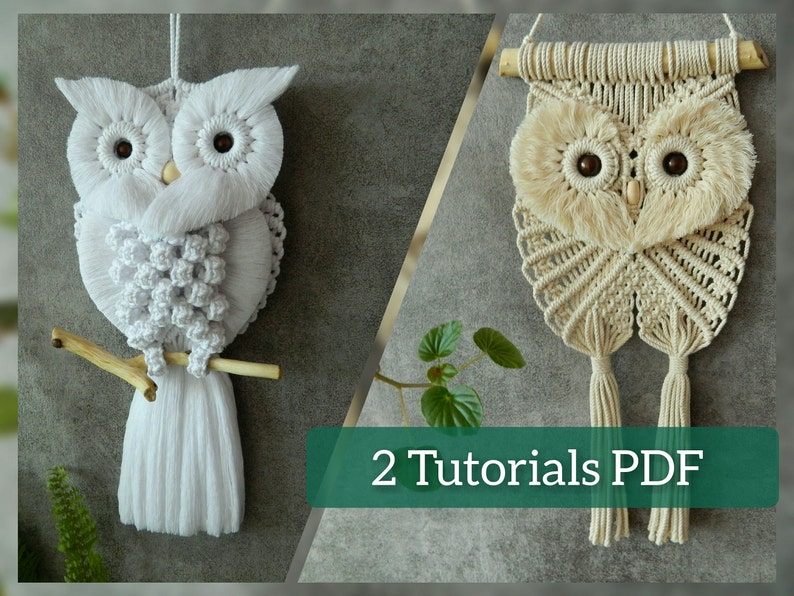 DIY set of 2 owl wall hanging patterns, Macrame owlet tutorial, Cute hand woven bird tapestry, Macrame instructions, Bohemian wall pattern image 1
