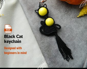 Macrame keychain pattern, Black cat key ring tutorial PDF, DIY Halloween accessories