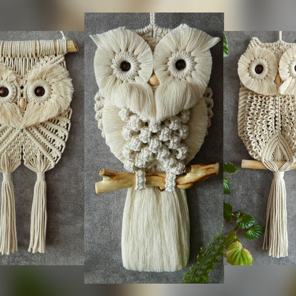 DIY-set van 3 eenvoudige uil-tutorials, Macrame-muurophangpatronen voor beginners, Schattig uilenpatroon, Handgeweven vogeltapijt, Beginnerspatroon