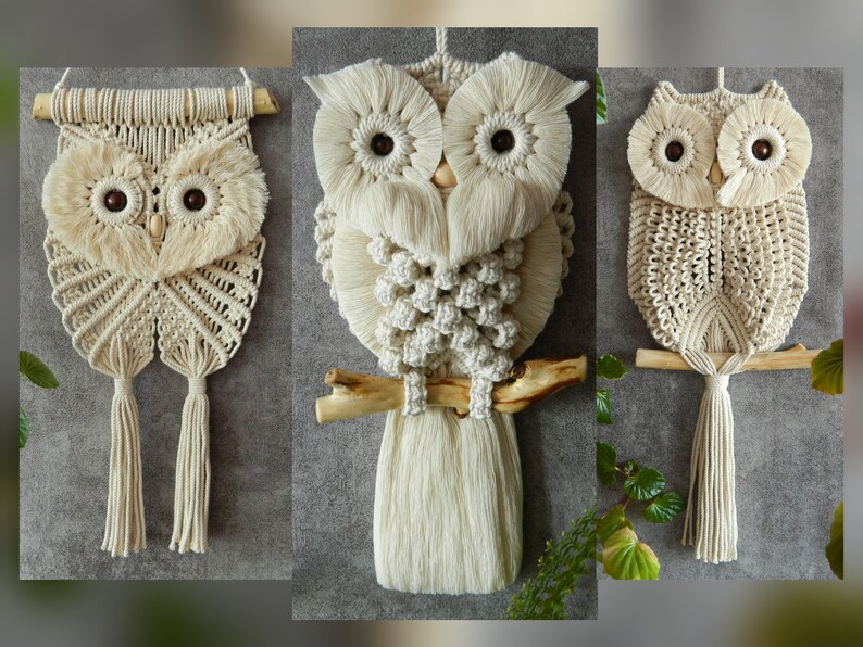 DIY set of 3 easy owl tutorials, Macrame wall hanging patterns for beginners, Cute owlet pattern, Hand woven bird tapestry, Beginner pattern image 1