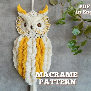 May include: Macrame owl pattern PDF file in English. The pattern features a white owl with yellow fringe and brown eyes.