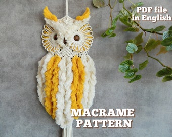 May include: Macrame owl pattern PDF file in English. The pattern features a white owl with yellow fringe and brown eyes.