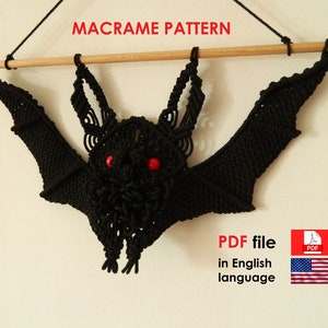 May include: Black macrame bat wall hanging with red bead eyes.  PDF file in English language.  MACRAME PATTERN.