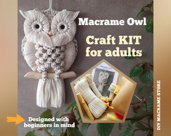 Macrame owl KIT, DIY wall hanging kit for adults, Do it yourself, Beginner-friendly project
