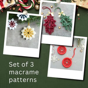 Könnte beinhalten: Set mit drei Makramee-Weihnachtsbaumschmuckmustern. Die Muster umfassen eine Schneeflocke, einen Stern und einen Weihnachtsbaum.