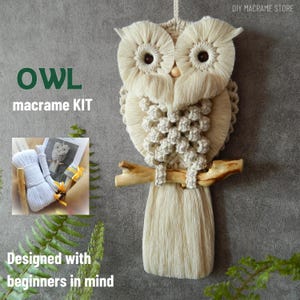 May include: A macrame owl kit with the text "OWL macrame KIT" and "Designed with beginners in mind". The owl is beige and cream-colored, with a wooden branch perch. The kit includes materials and instructions.