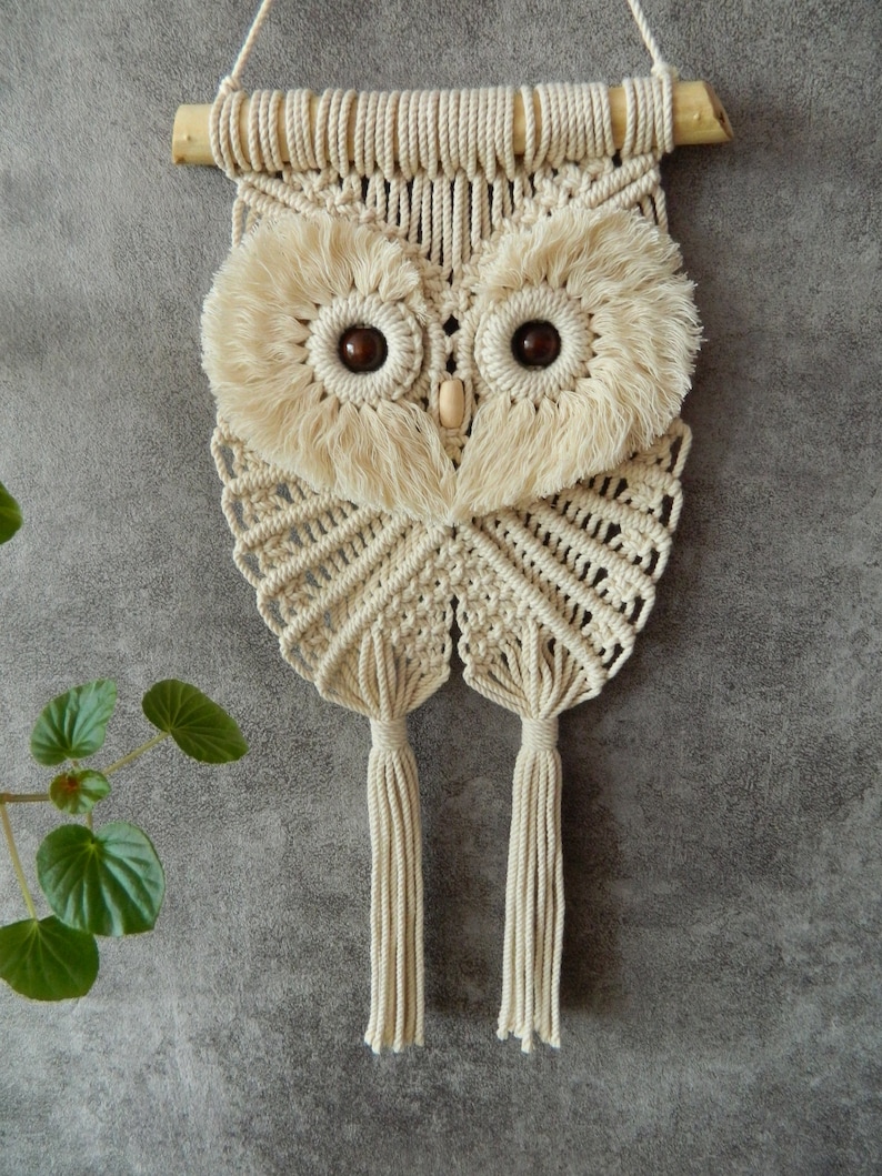 Set fai da te di 2 modelli da appendere alla parete di un gufo, tutorial sul gufo Macrame, simpatico arazzo con uccelli intrecciati a mano, istruzioni Macrame, motivo da parete Boho immagine 5