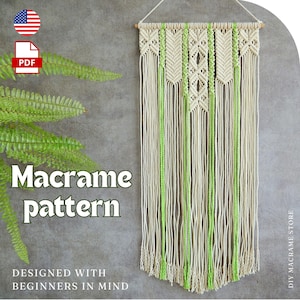 May include: Macrame wall hanging pattern with a white and green color scheme. The pattern is designed for beginners. The image includes the text "Macrame pattern" and "Designed with beginners in mind".