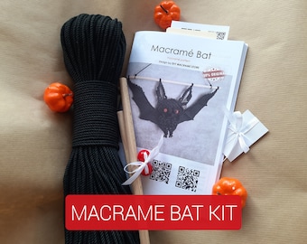 Macrame bat kit, Adult craft kit, Do it yourself wall hanging for Halloween