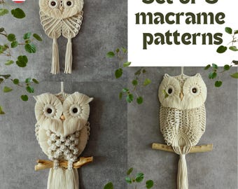 DIY 3 easy owl tutorials, Macrame wall hanging patterns for beginners, Bird tapestry set
