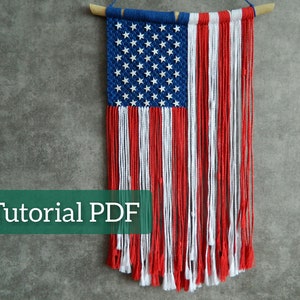 Drapeau américain, grand motif de suspension murale en macramé, tutoriel drapeau des États-Unis, arrière-plan patriotique, décoration du 4 juillet, jour de l'indépendance