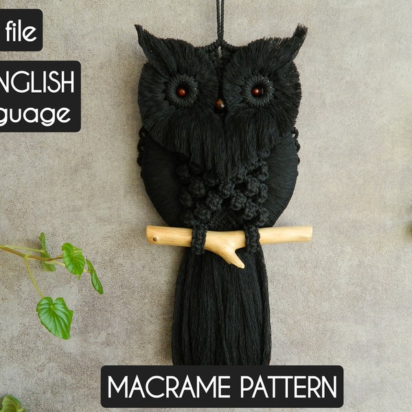 DIY black owl | macrame pattern / tutorial PDF | Beginner wall tapestry | Gothic decor | Neutral boho wall art | Witchy yarn gifts