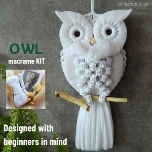 May include: A white macrame owl wall hanging with a wooden perch. The owl has large, round eyes and a textured body. The text "OWL macrame KIT" and "Designed with beginners in mind" are visible. A smaller image shows the kit contents.