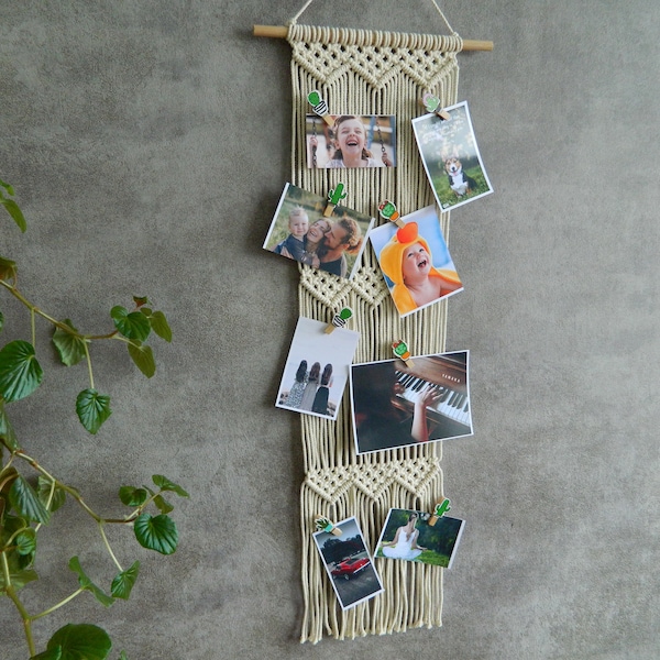 Macrame fotohanger patroon, fotodisplay, woonkamer decor, fotocollage, macrame fotohouder, neutrale muurkunst, Boho fotohouder