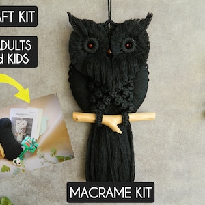 Könnte beinhalten: Ein schwarzer Makramee-Eulen-Wandbehang mit einer Holzstange. Die Eule hat braune Augen und besteht aus geknotetem schwarzem Kordel. Das Bild zeigt auch ein Bastelset mit dem Text "Craft Kit for Adults and Kids" und "Macrame Kit".