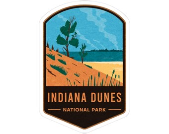 Sticker Indiana Dunes National Park, met de hand geïllustreerde retro WPA-stijl, laptopsticker wandelen en reizen