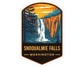 Snoqualmie Falls Sticker, Hand Illustrated Retro WPA Style, Hiking & Travel Laptop Decal