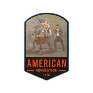May include: A sticker depicting three figures in colonial attire, one with a drum, one with a flag, and one with a fife. The text "AMERICAN REVOLUTION 1776" is displayed in bold letters at the bottom of the sticker.