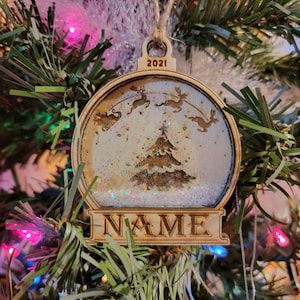 Engraved Wooden & Clear Acrylic Snow Globe Christmas Tree inside, Holidays Ornament Christmas Tree Ornament Decoration.