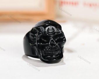 Natural gemstone carved skull rings, Black agate skull jewelry, Skull figurine, Party gift, Men's gifts.