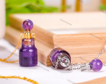 Collana da donna con mini flacone di profumo in ametista naturale, flacone di profumo scivoloso, cristallo curativo, collana con flacone, collana con ametista, minimalismo.