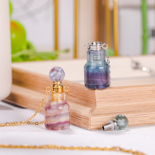 Collier femme mini bouteille de parfum en fluorite naturelle, bijoux en cristal, bouteille de parfum, cristal de guérison, collier de bouteille en fluorite, cadeau pour elle.