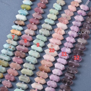 May include: A close-up of 12 different colored gemstone beads, each with a faceted, pointed shape. The beads are arranged in a row, with the numbers 7 through 12 printed below each bead. The beads are a variety of colors, including green, pink, purple, and white.