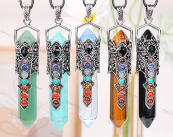 Large Seven Chakras Points Necklace,Quartz Crystal Necklace,Vintage style,Crystal Point,Energy, Double Point ,Boho Crystal necklace jewelry.