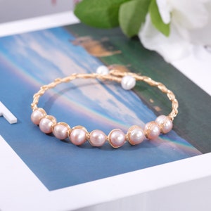 Genuine Pink Pearl Bracelet | 14k Gold Wire Wrapped Bead Bracelet Bangle | Real Freshwater Pearl Jewelry Bracelets | June Birthstone Gift