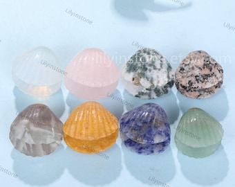 May include: Eight small seashell-shaped crystal carvings in various colors, including clear, pink, green, blue, gray, and yellow. The shells are arranged in two rows on a light blue surface.