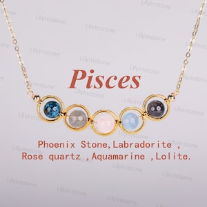 Crystal Pisces Necklace, Zodiac Jewelry ,Minimalist Necklace, Chrysocolla, Labradorite, Rose Quartz, Aquamarine, and Iolite,Gift for her.