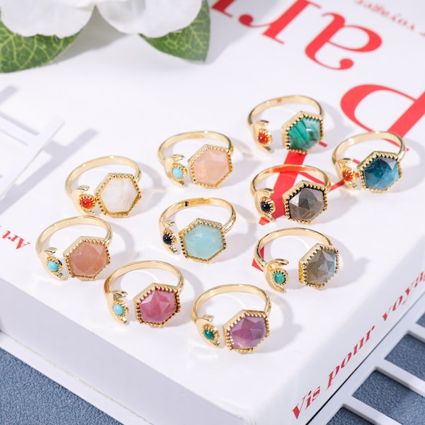 Gold Energy Gemstone Ring,Unique Women Ring Jewelry,Moon Crescent Charms Everyday Ring,Dainty Style Trends Jewelry Gifts
