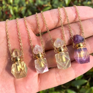 Citrine Perfume Bottle Pendant Necklace,Electroplated Topaz Gold Chain Necklace,Healing Crystal Essential Oil Vial Charm Pendants Gifts