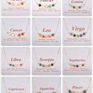 May include: A chart showing the zodiac signs with their corresponding birthstones. Each sign is represented by a gold chain with a series of gemstones. The signs are Aries, Taurus, Gemini, Cancer, Leo, Virgo, Libra, Scorpio, Sagittarius, Capricorn, Aquarius, and Pisces.