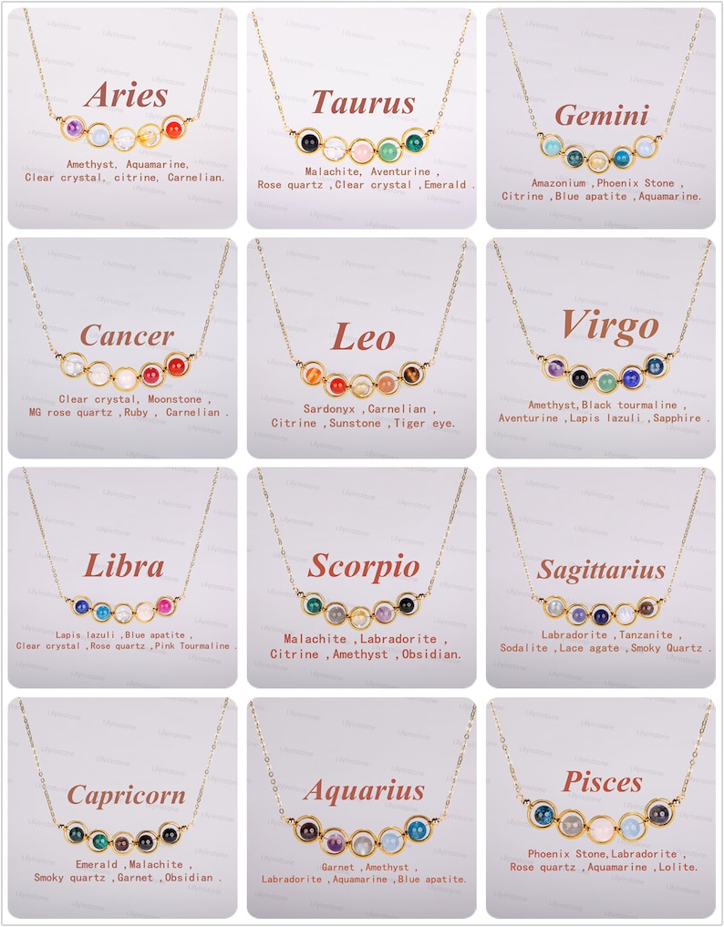 May include: A chart showing the zodiac signs with their corresponding birthstones. Each sign is represented by a gold chain with a series of gemstones. The signs are Aries, Taurus, Gemini, Cancer, Leo, Virgo, Libra, Scorpio, Sagittarius, Capricorn, Aquarius, and Pisces.