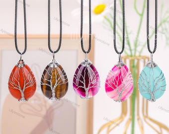 Collier arbre de vie avec pierres curatives avec oeil de tigre, cristaux d'améthyste, bijoux chakra pour homme et femme, pendentif en fil de cuivre avec pierres précieuses.