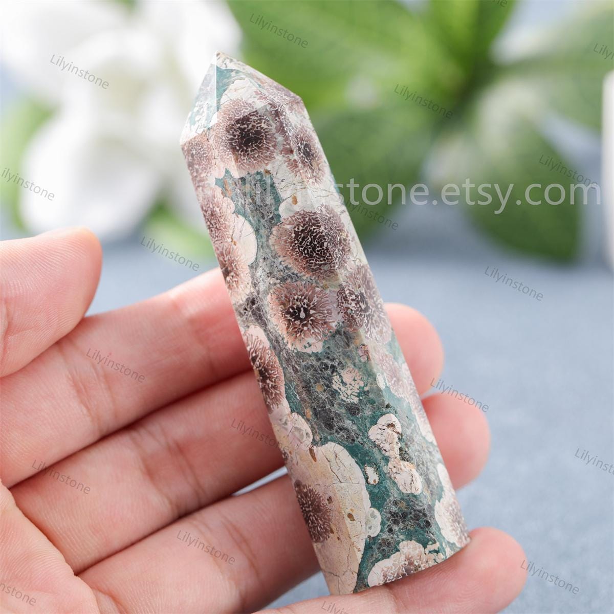 Green Sakura Flower Agate Tower ,flower Agate Point ,chakra Stone