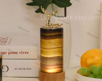 Fluorite With Deer Craft Lamp Decor, Rainbow Lamp, Home Decor, Quartz Night Light ,Crystal Craft decor, Healing Crystal, Atmosphere Decor.