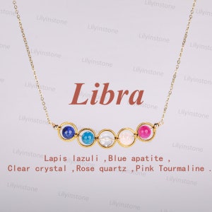 Crystal Libra Necklace, Zodiac Jewelry ,Minimalist Necklace,Lapis Lazuli,Blue Apatite,Clear Quartz,Rose Quartz,Pink Tourmaline,Gift for her.