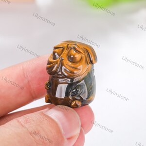 May include: A small, carved pug figurine made of tiger's eye stone. The figurine is brown and gold with a glossy finish.