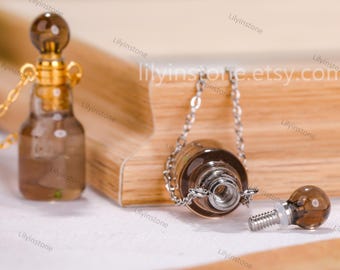 Collar de mujer con mini frasco de perfume de cuarzo ahumado natural, frasco de perfume, cristal curativo, collar de botella, collar de cuarzo ahumado, minimalismo.