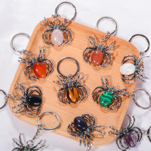 Spider Crystal Key Chain, Healing Crystal Keyrings, Stone Bag Charms, Gemstone Spider Keychain, Crystal Spider Keychain, Keychain Charms.