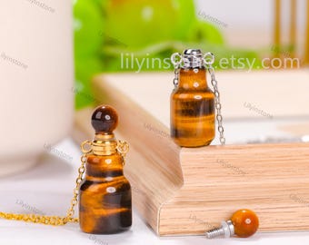 Collar de mujer con mini frasco de perfume de ojo de tigre natural, frasco de perfume, cristal curativo, collar de botella, collar de ojo de tigre, minimalismo.