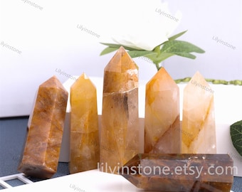 Natural Golden Healer Point, Golden Healer Tower, Home decor Tower, Crystal Tower Point, Quartz Tower,Energy chakra ,Healing Crystal, 3-4" .
